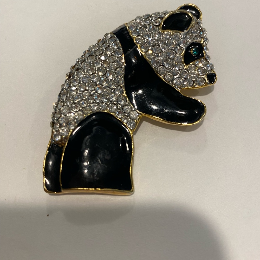 Panda Brooch Vintage Crystal and Black Enameled Goldtone Pin